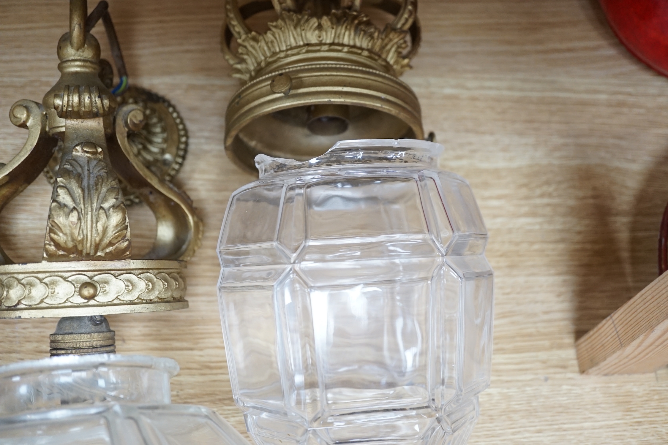 Two early 20th century gilt metal and art glass hall lanterns